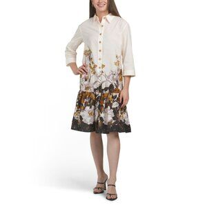TERI JON White Multi Cotton Border Print Flounce Hem Shirt Dress